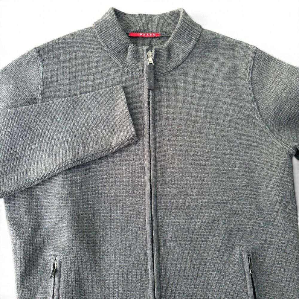 Prada Milano Full Zip Sweater Jacket Men L  54 IT Gray Pure Wool Knit Mock Neck